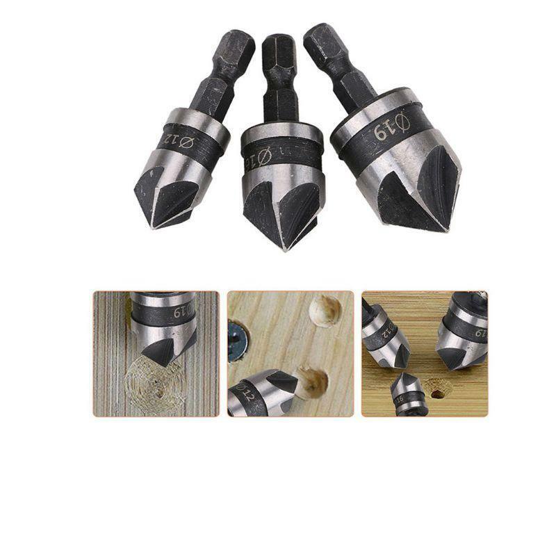 3pcs/set 90 Degree 1/4 Hex Drill Rod 5 Flute 12mm 16mm 19mm Wood Debur Counter