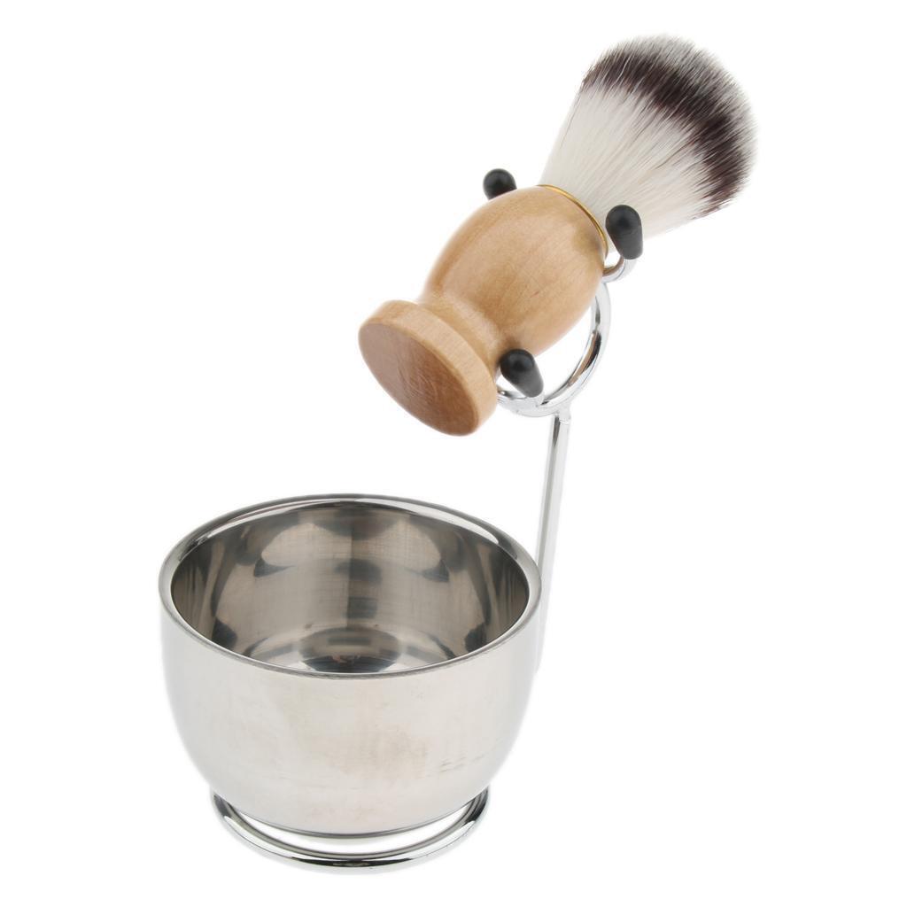 Men's Beard Shaving Brush + Stainless Holder Stand +   Mug Bowl Set