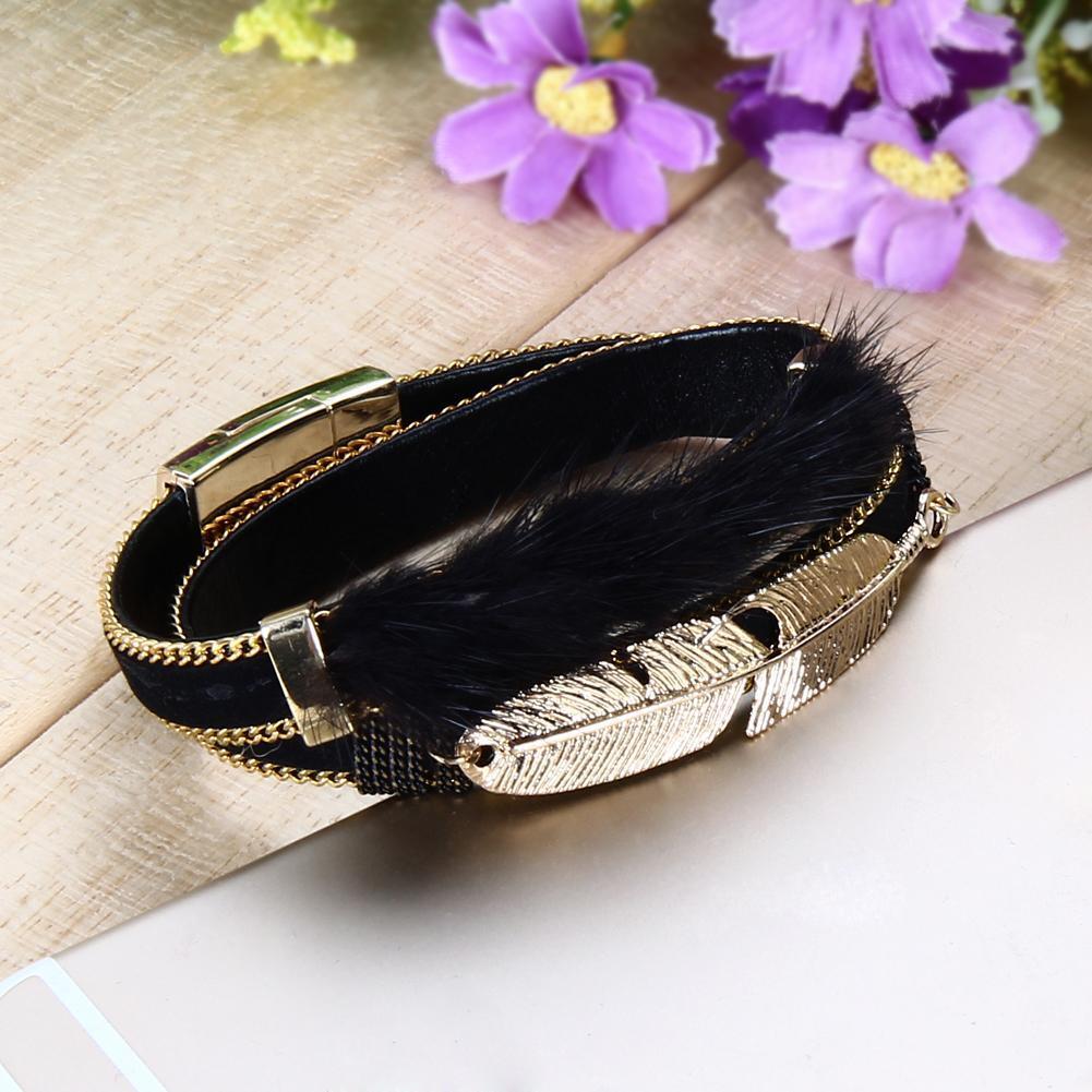 New Fashion Women Alloy Feather Leaves Magnetic Leather Bracelets Black