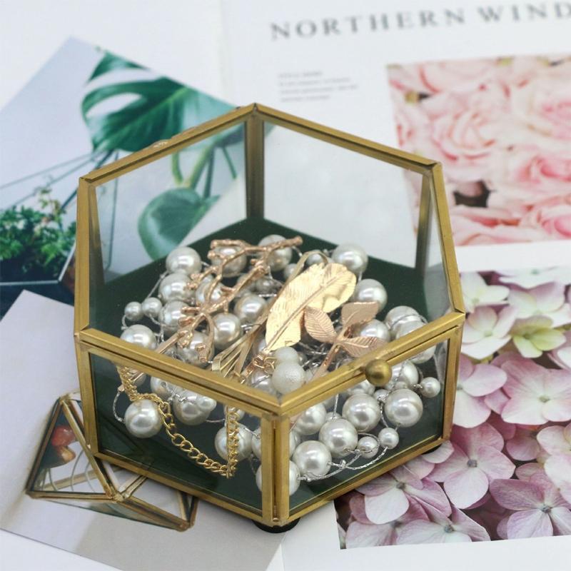 Hexagonal Clear Glass Metal Jewelry Box Decorative Slanted Top Lid Shadow Box