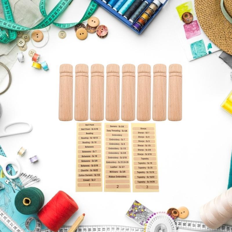 8Pcs Sewing Needle Storage Tubes Wood Lid with Labels Wooden Storage Case 2.36In