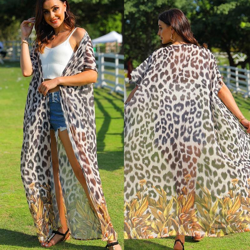 Women Maxi Kimono Cardigan Boho Leopard Print Belted Chiffon Cover Up Blouse
