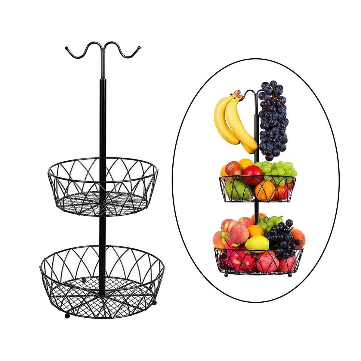 Metal Fruit Basket with Banana Hanger 2 Tier Storage Holder for Counter Home