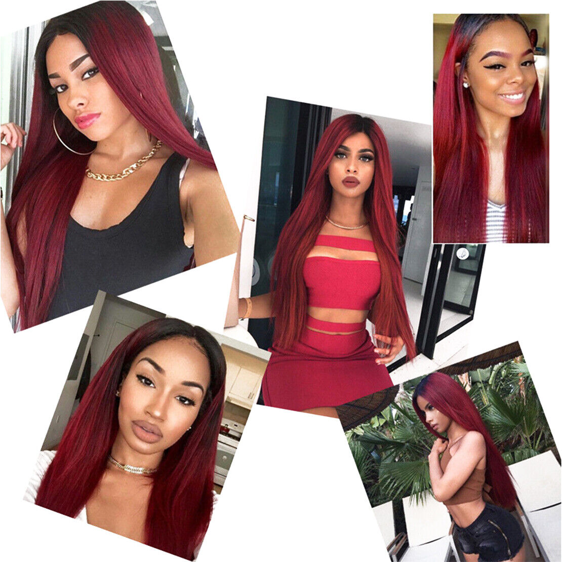 Long Straight Ombre Burgundy Red Women Wig Full Hair Without Bands