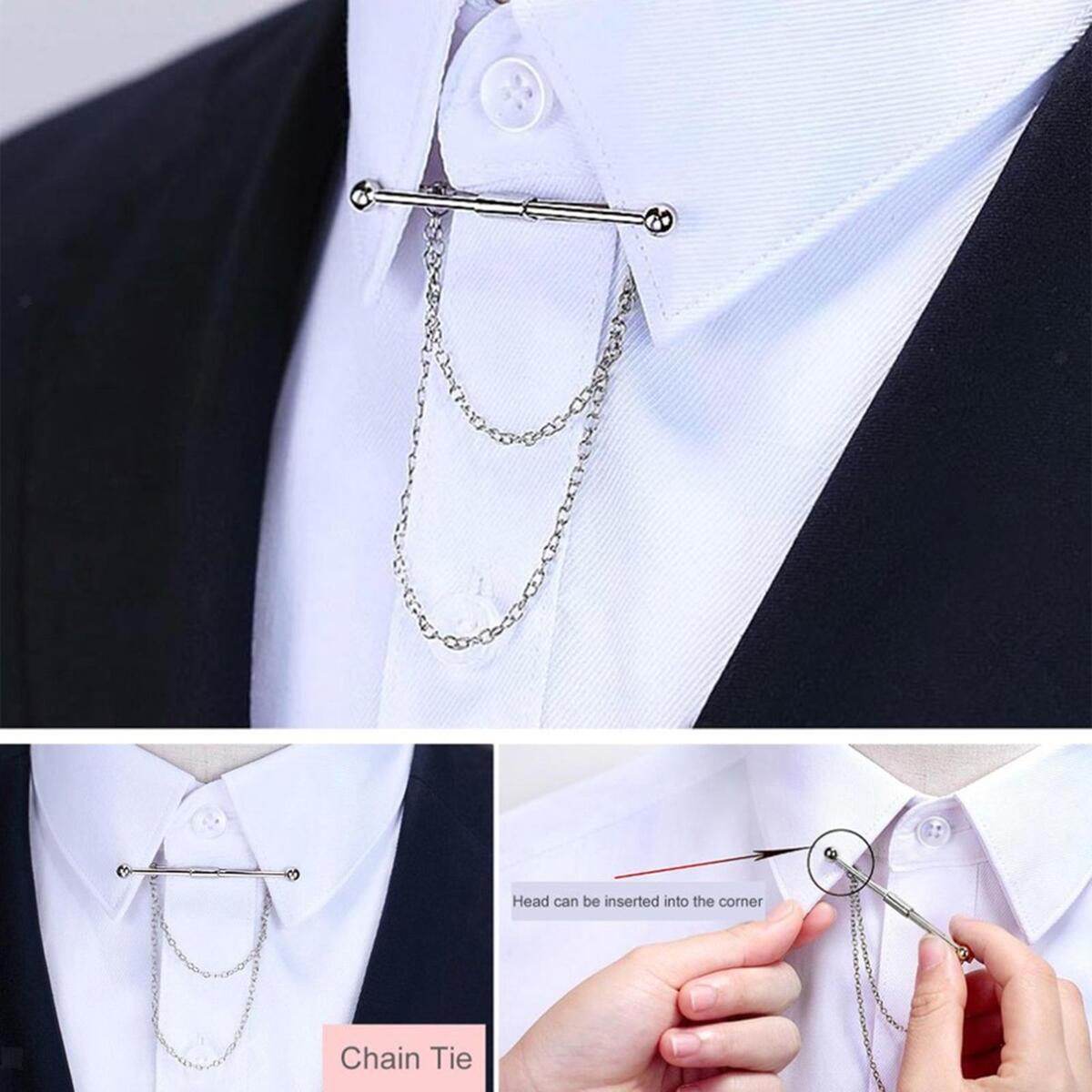 Collar Bar Pin for Men with Chain Necktie Tie Clips for Business Formal