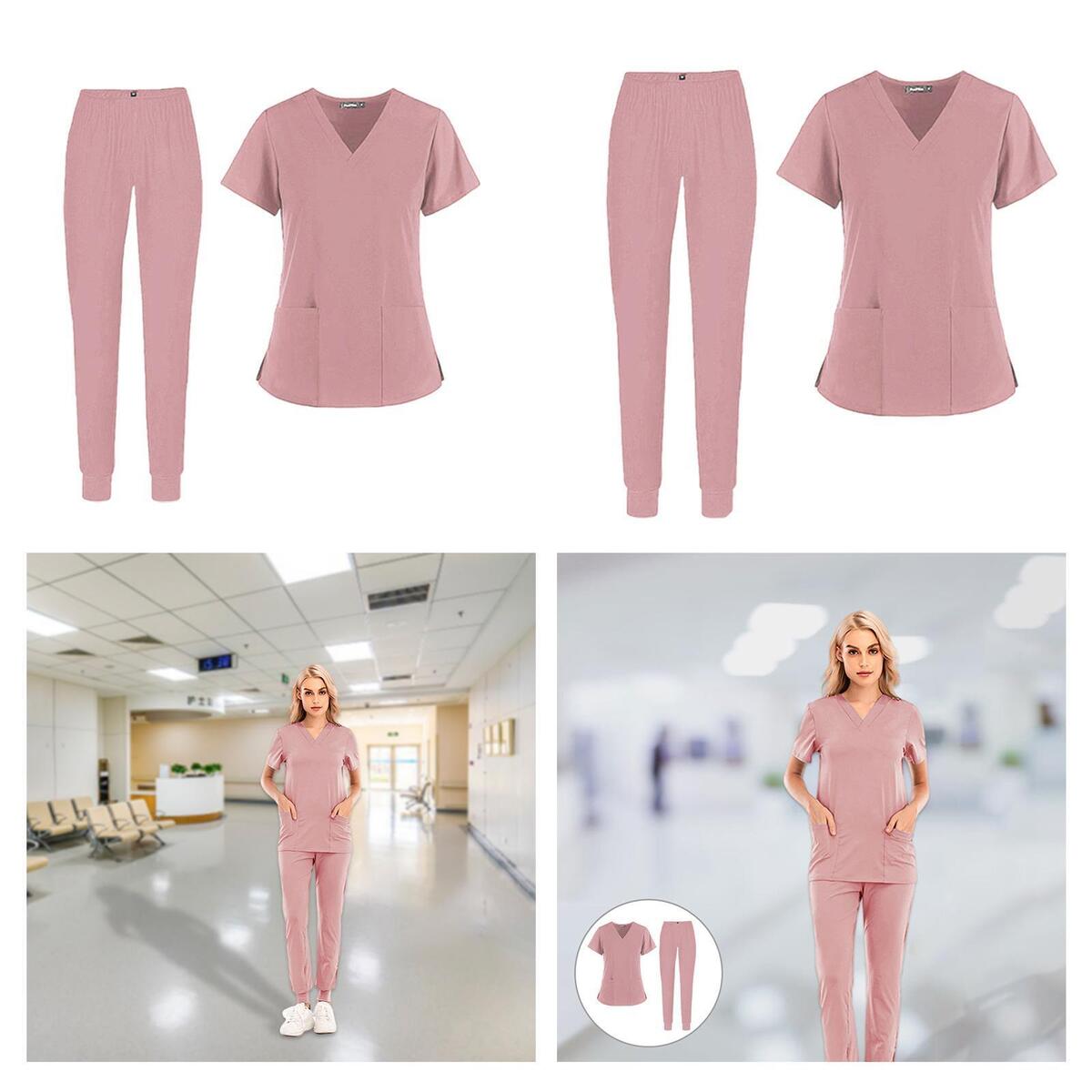 V Neck Nursing Scrub Set Women Short Sleeve Top Pants Workwear Spa Uniforms