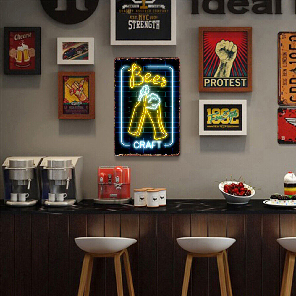 20x30cm Neon Beer Print Rectangular Metal Waterproof Tin Drawing Flat Style