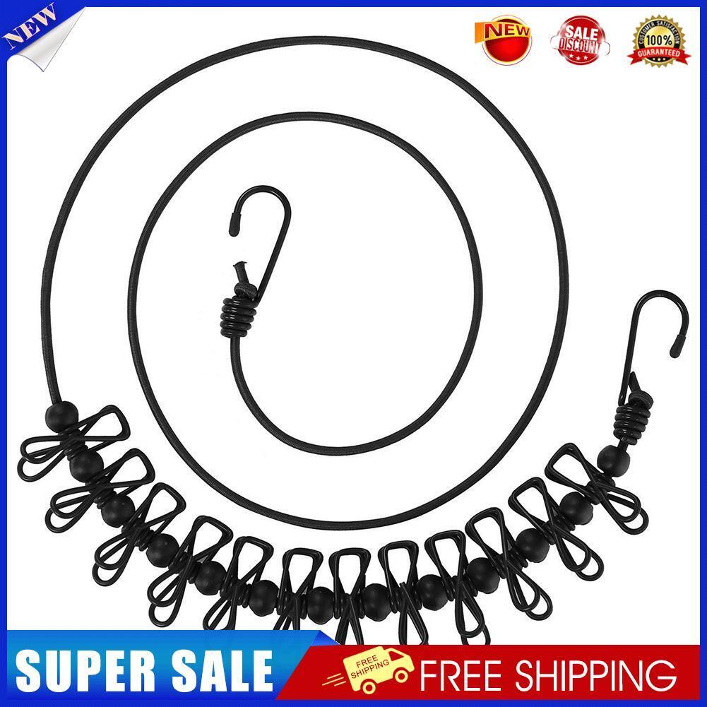 Travel Clothesline w/ 12 Clips Anti Slip Camping Cloth Hanger Rope (Black)