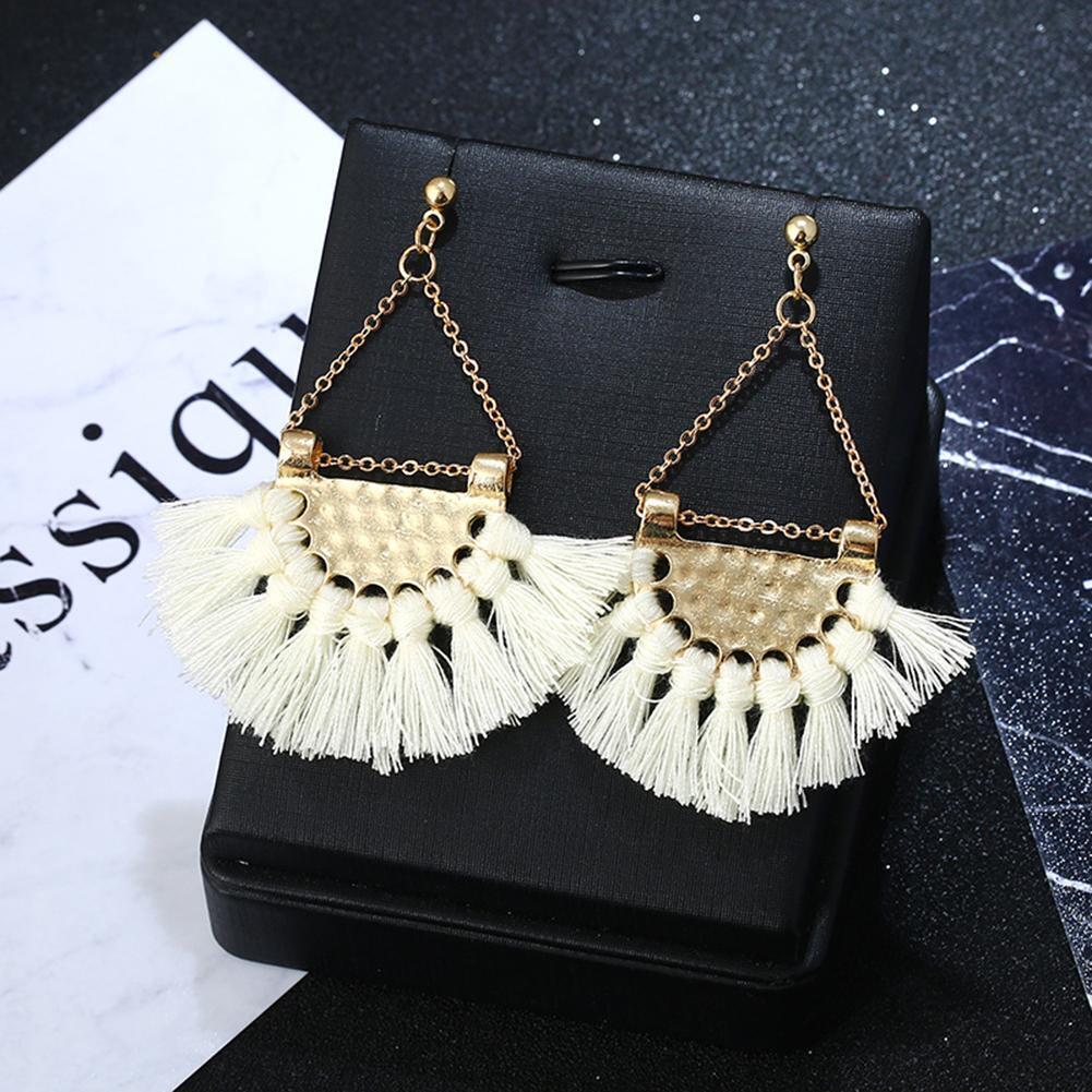 Women Tassel Earrings Fan Shaped Bohemian Dangle Earrings Jewelry(White)
