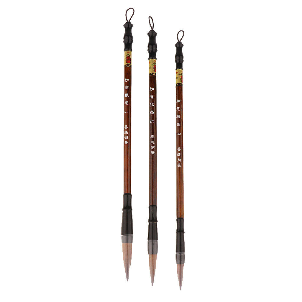 3 x Wolf Hair Brushes Chinese Sumi Calligraphy Brush Drawing Pen L/M/S Size