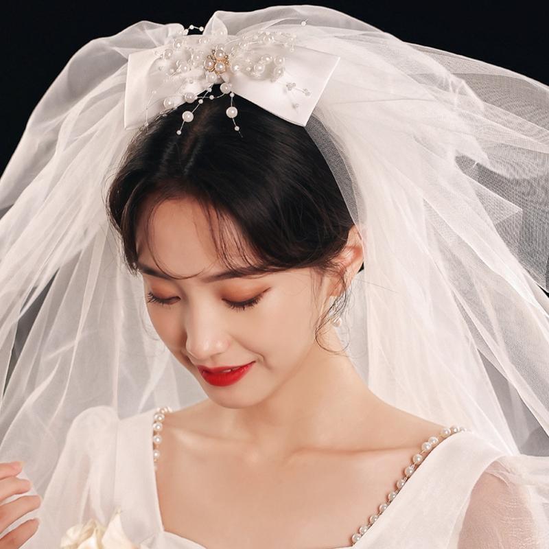 Wedding Bridal Veil Multi Layers Short Length Sheer Veils Beads Ribbon Bow Decor