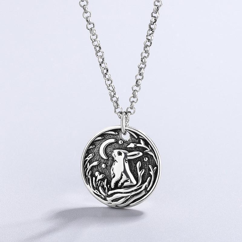 Rabbit Moon Medal Pendant Necklace Round Cute Animal Bunny Jewelry ChainNecklace