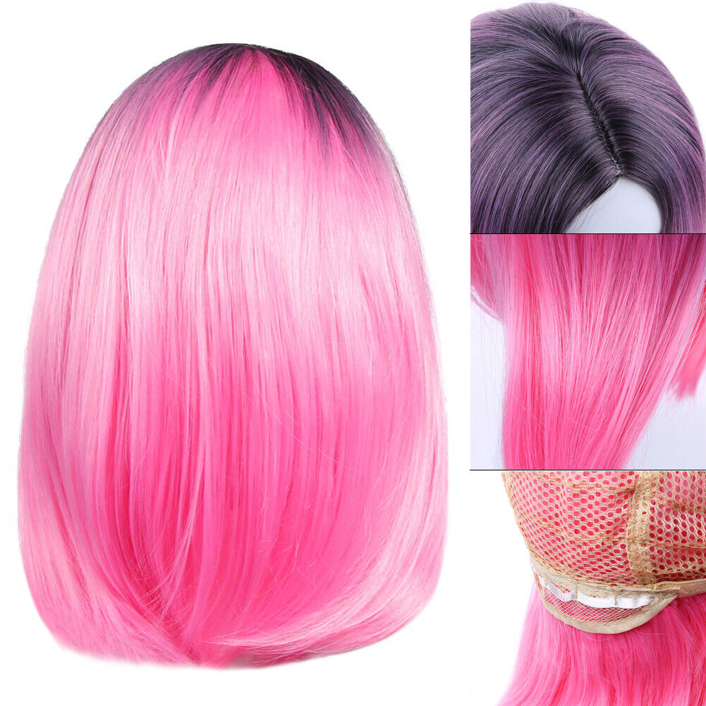 Women Medium-Long Straight Wigs Gradient Pink Heat Resistant Synthetic Hair