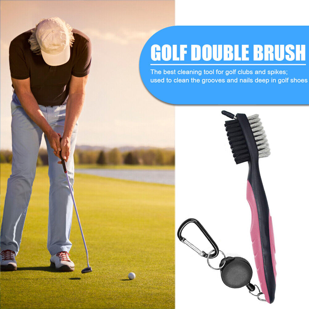 Retractable Golf Club Brush Groove Cleaner w/ Clip for Irons Woods (Pink)