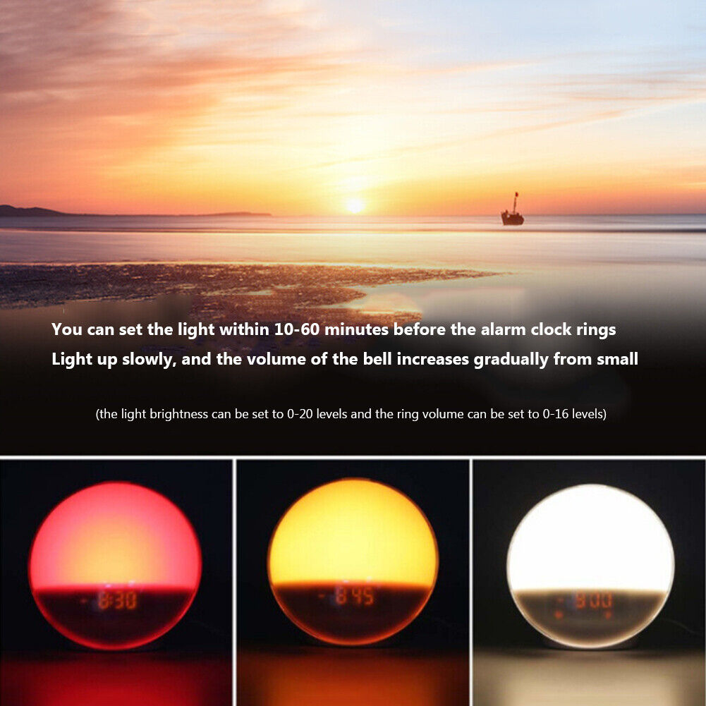 Smart Wake Up Light Digital Clock 7 Colors Sunrise Sunset FM Radio LED Lamp