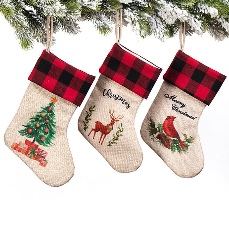 3pcs Christmas Stockings Plaid Xmas Stockings Decoration Plush Gift Candy Bag