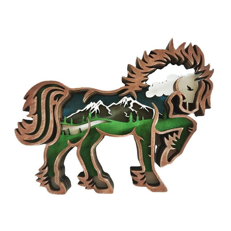 Wood Horse Ornament Glowing Multi Layer Sculpture Crafts for Home Ornaments
