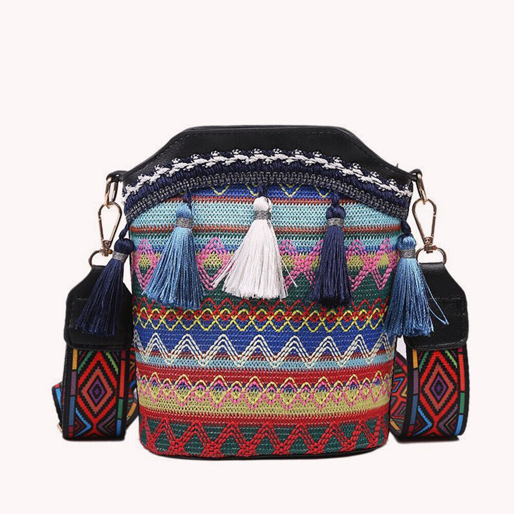 Ethnic Women Crossbody Bag Woven Tassels Small Bucket Handbags (Black)