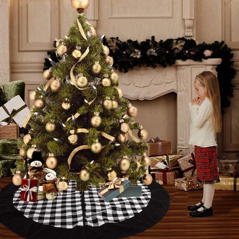 Christmas Tree Skirt Black & White Plaid Round Mat Xmas Tree Base Cover 47 Inch