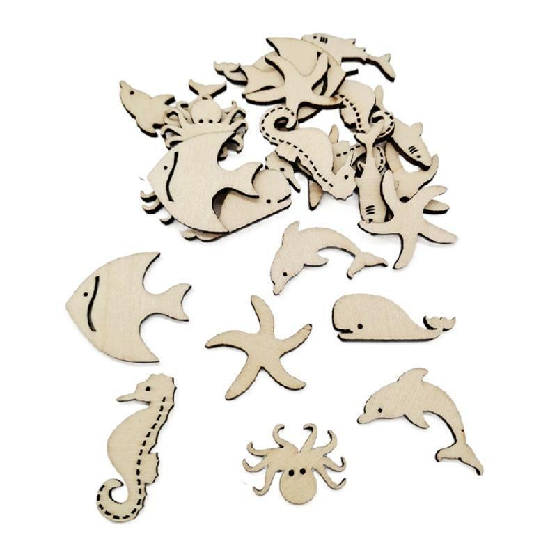 50 Pcs/Set Ocean Sea Animals Craft Cutouts Unfinished Natural Wooden Slices Kit