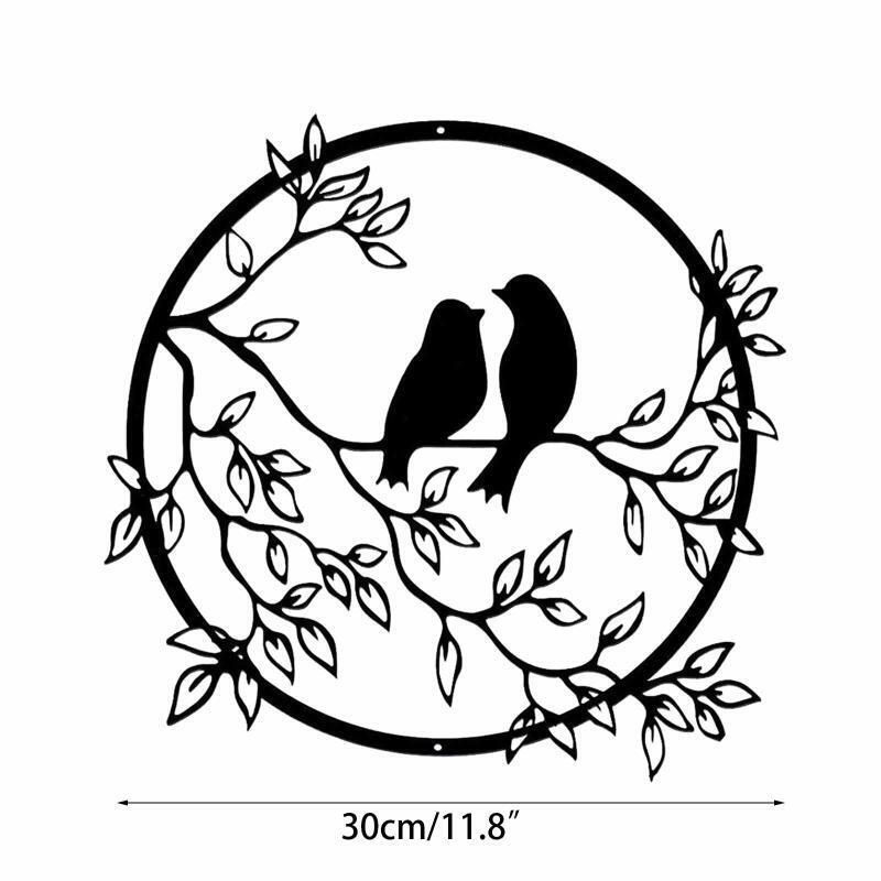 Metal Couple Bird on Branch Sculpture Iron Wall Silhouette Round Plaque Decor