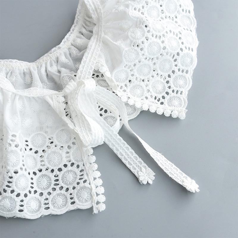 Women Spring Embroidery Threads Faux Collar Pleated Shawl Circle Flower Capelet