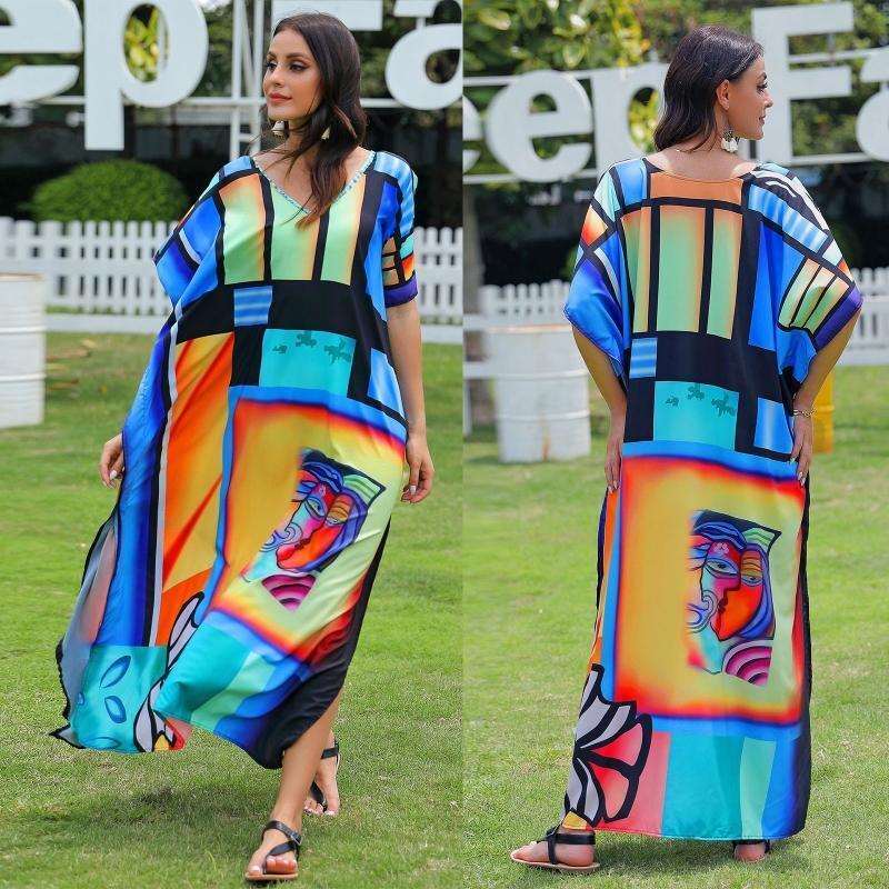Women Batwing Sleeve Beach Maxi Dress Abstract Face Print Kaftan Bikini Cover Up