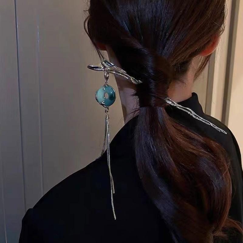 Tassel Hairpins For Updos Chinese Hair Sticks With Chain Jade ring Headwear