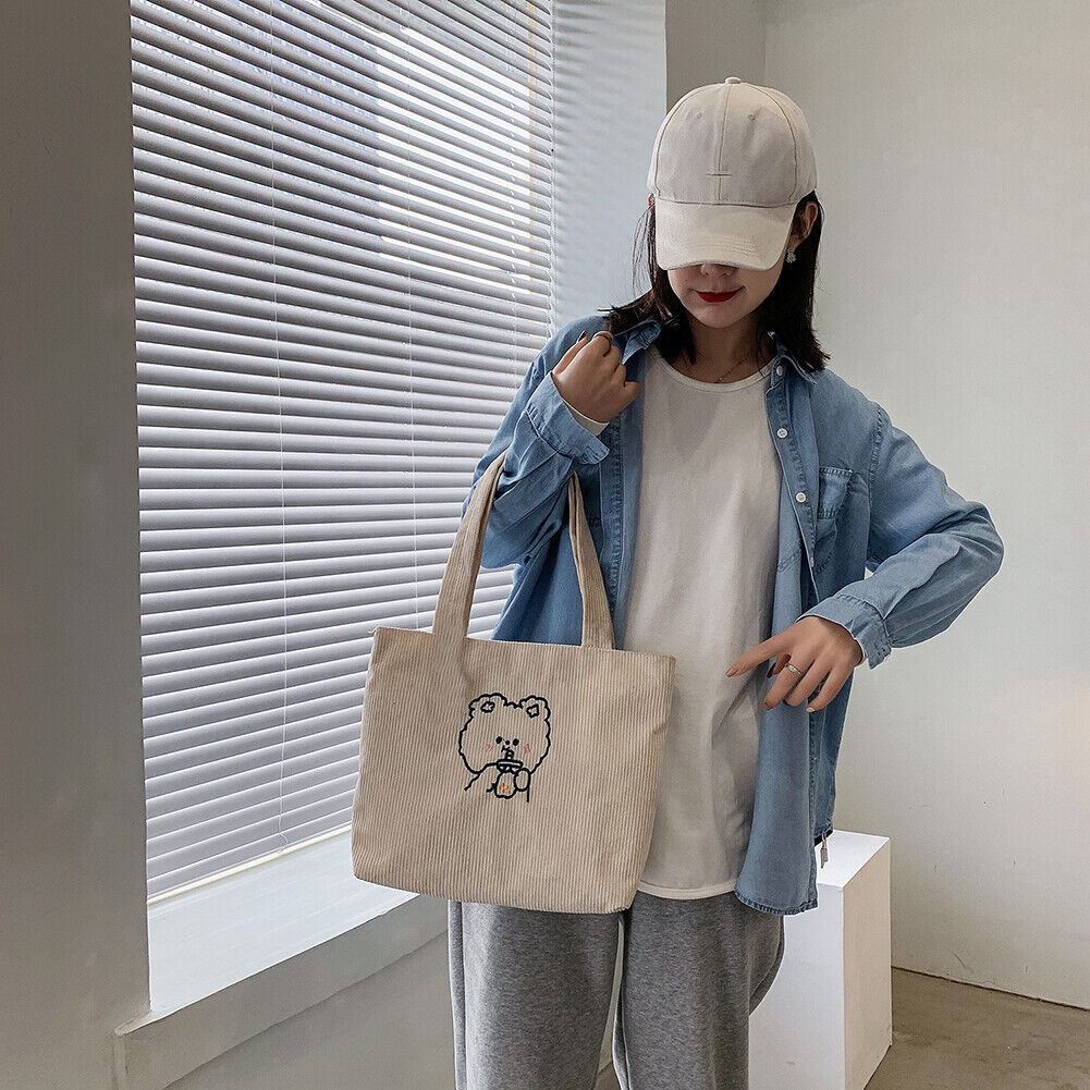 Women Corduroy Shoulder Bag Cartoon Bear Shopping Handbags Totes (White)