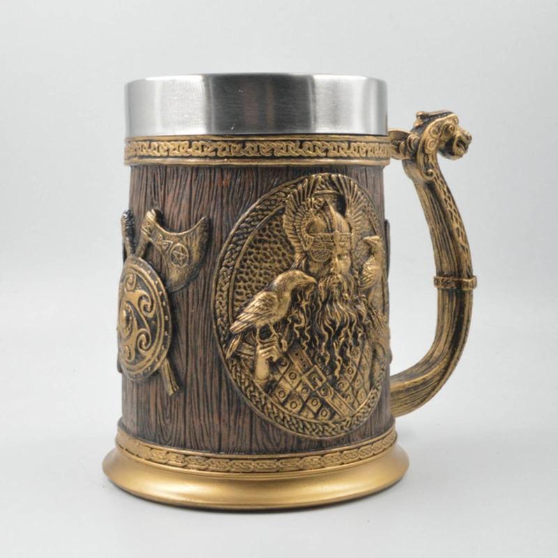 Viking Rune Beer Mug Imitation Wooden Texture Nordic Decor Stein Coffee Cup Men