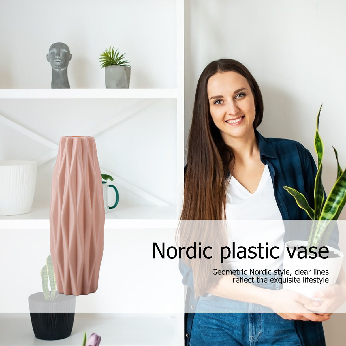 Nordic Style Plastic Vase Rhombus Flower Pot Minimalist Home Decor (Pink)