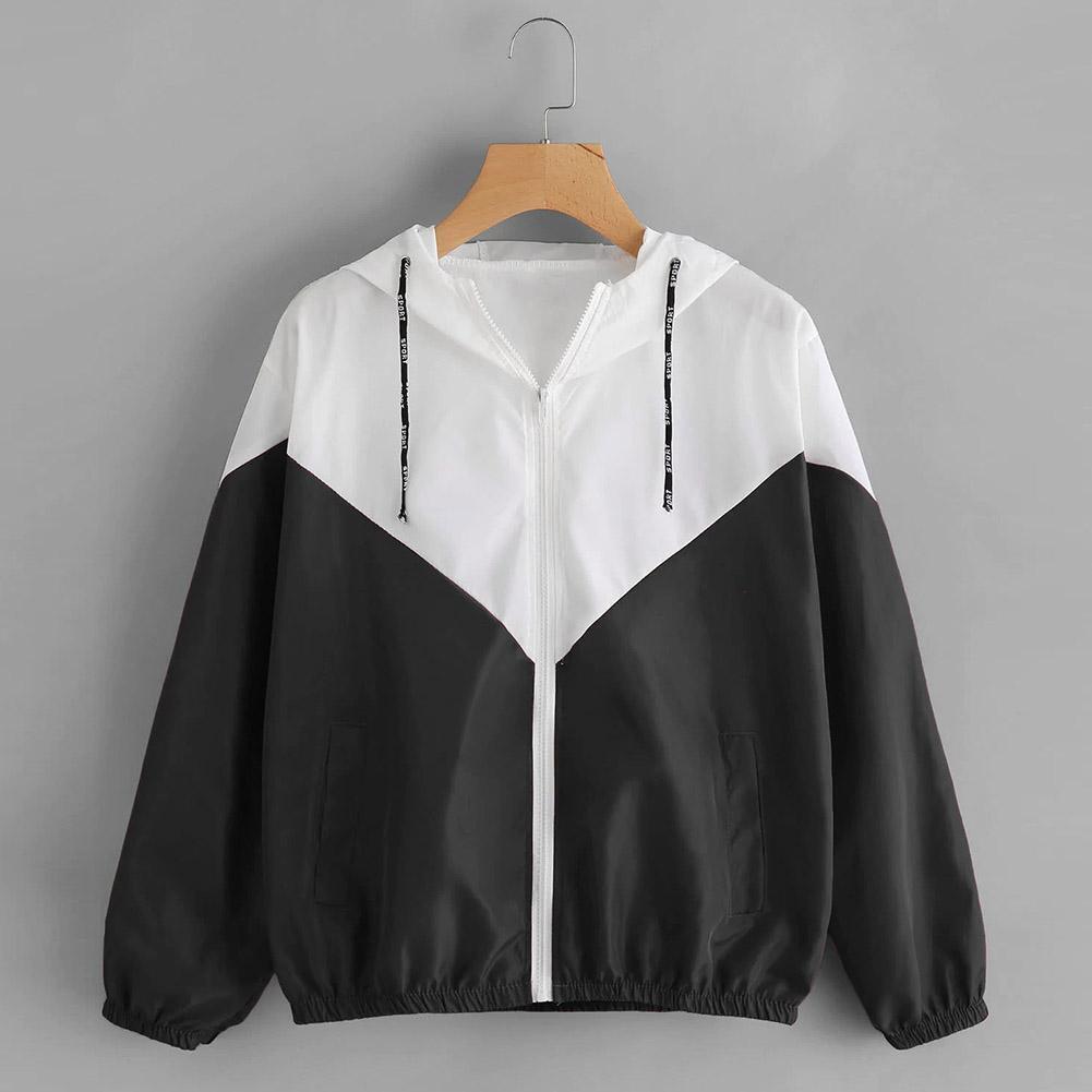 Women Fashion Patchwork Hooded Zipper Jacket Sports Casual Coat (Black M)