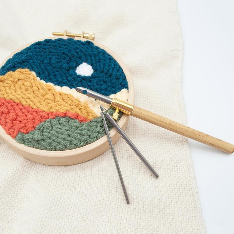 Wooden Handle Punch Poke Needles Embroidery Pen Wire Guide Sewing Weaving Tools