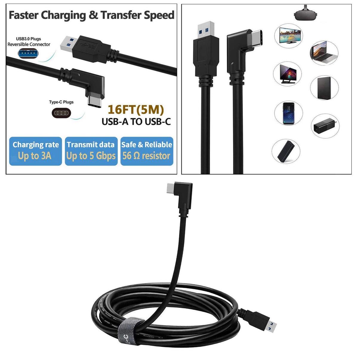 USB 3.2 Type-C Cable VR Headset 10Gbps Fast Charging for Quest 2 Gaming PC
