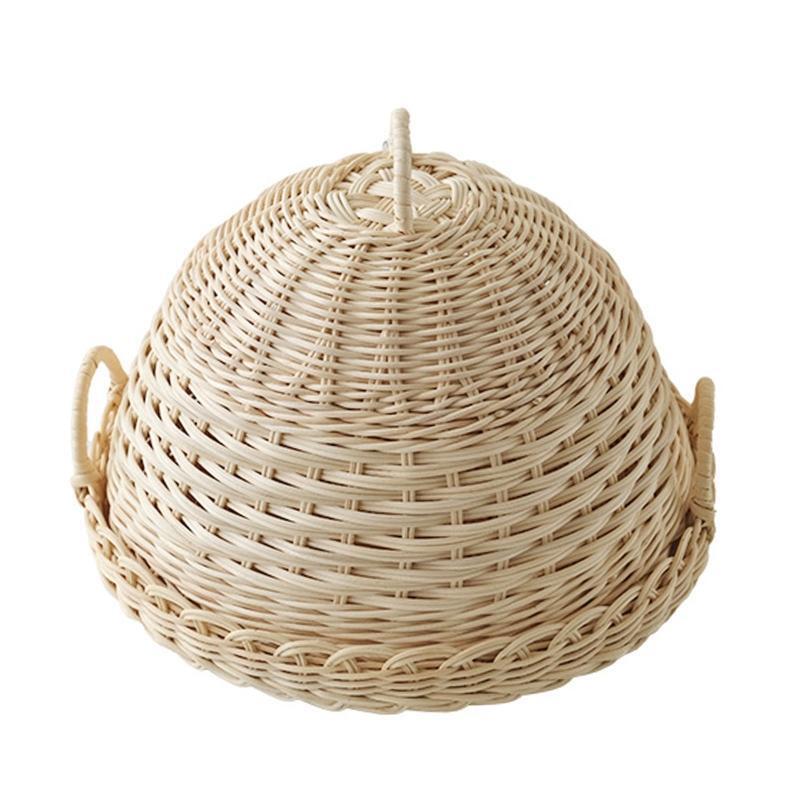 Handmade Woven Rattan Storage Tray with Cover Round Food Basket Display Case