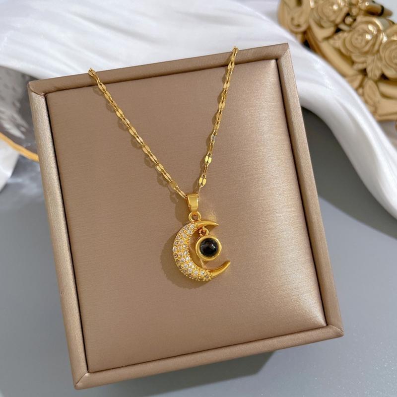 Crystal Zircon Moon 100 Languages I Love You Necklace Stainless Steel Clavicle