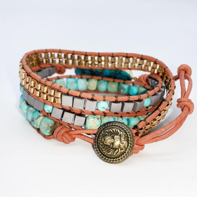 Women Handmade Natural Stone Crystal Hematite Bead Mixed Wrap Leather Bracelet