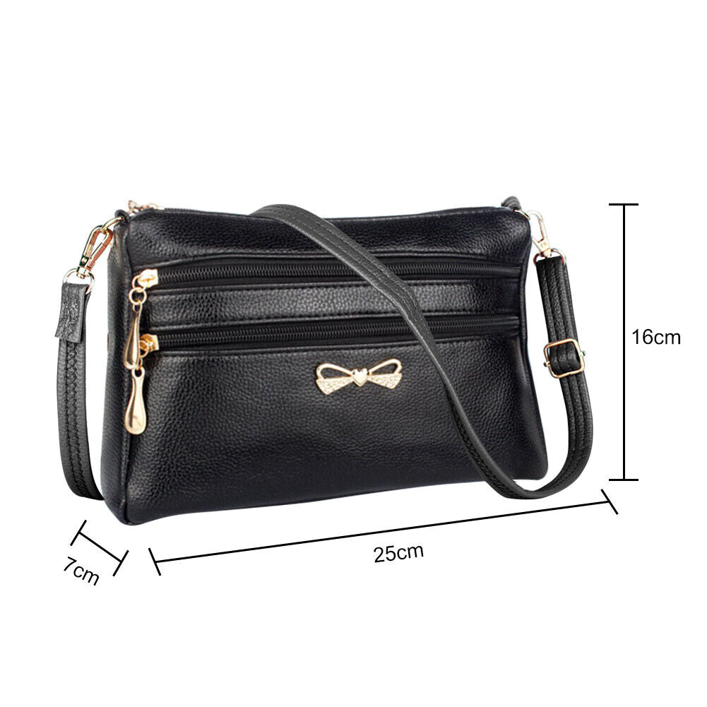 Solid Leather Crossbody Bag Women Litchi Pattern Multi-layer Purse (Black)