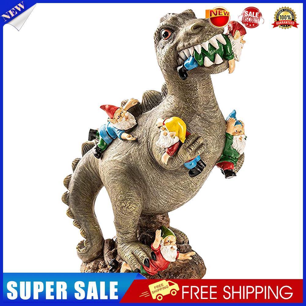 Dinosaur Eating Gnomes Garden Statue Outdoor Art Sculpture for Patio (S)
