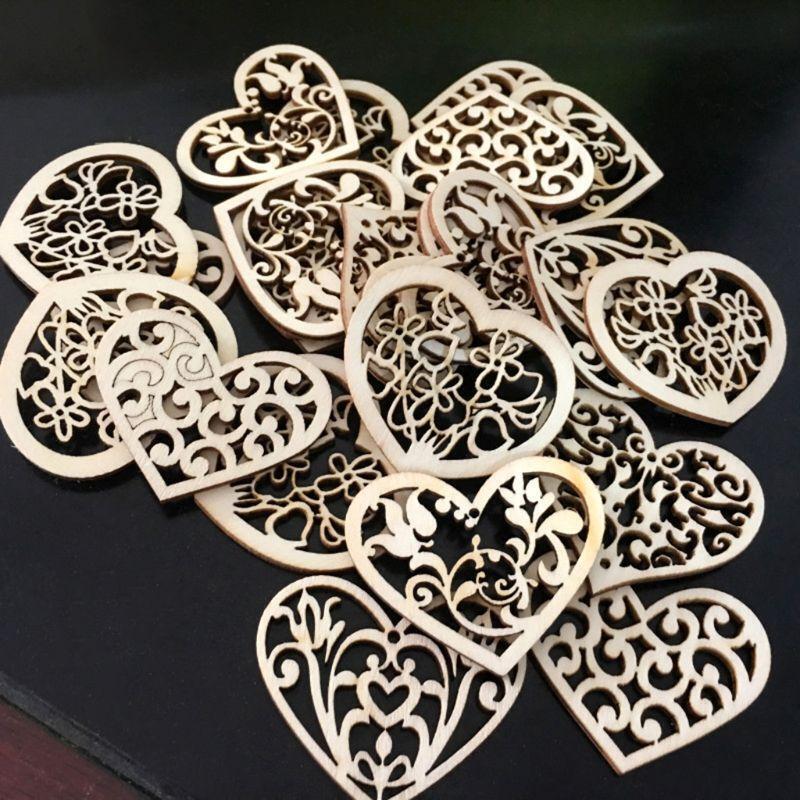 50pcs Carving Hollow Heart Flower Wooden Painting Scrapbooking Craft Handmade