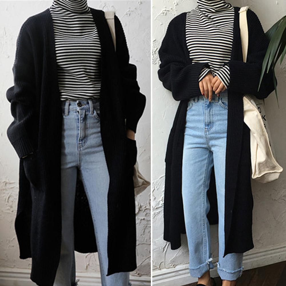 Women Long Sleeve Solid Knitted Autumn Winter Chic Sweater Coat (Black)