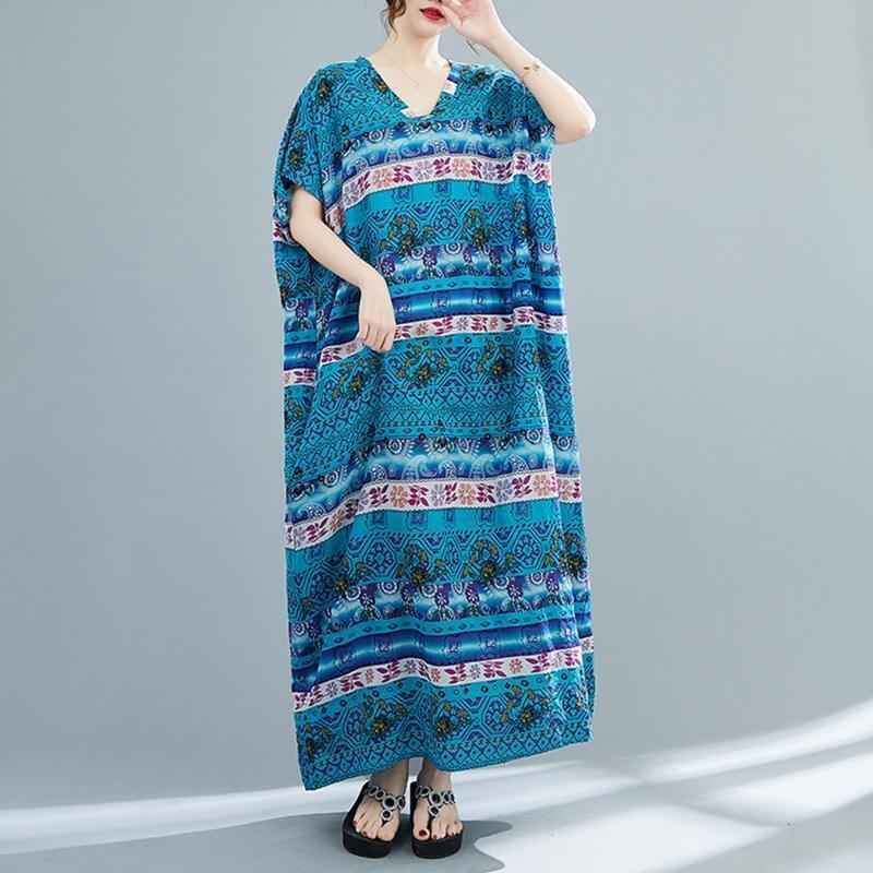 Women Short Sleeve Kaftan Dress Floral V-Neck Loose Maxi Robe Swimsuit Cover Up