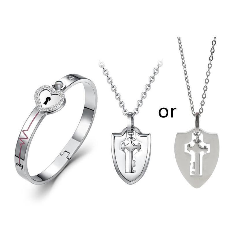 Couple Lovers Puzzle Titanium Steel Love Heart Lock Bangle Key Pendant Necklace