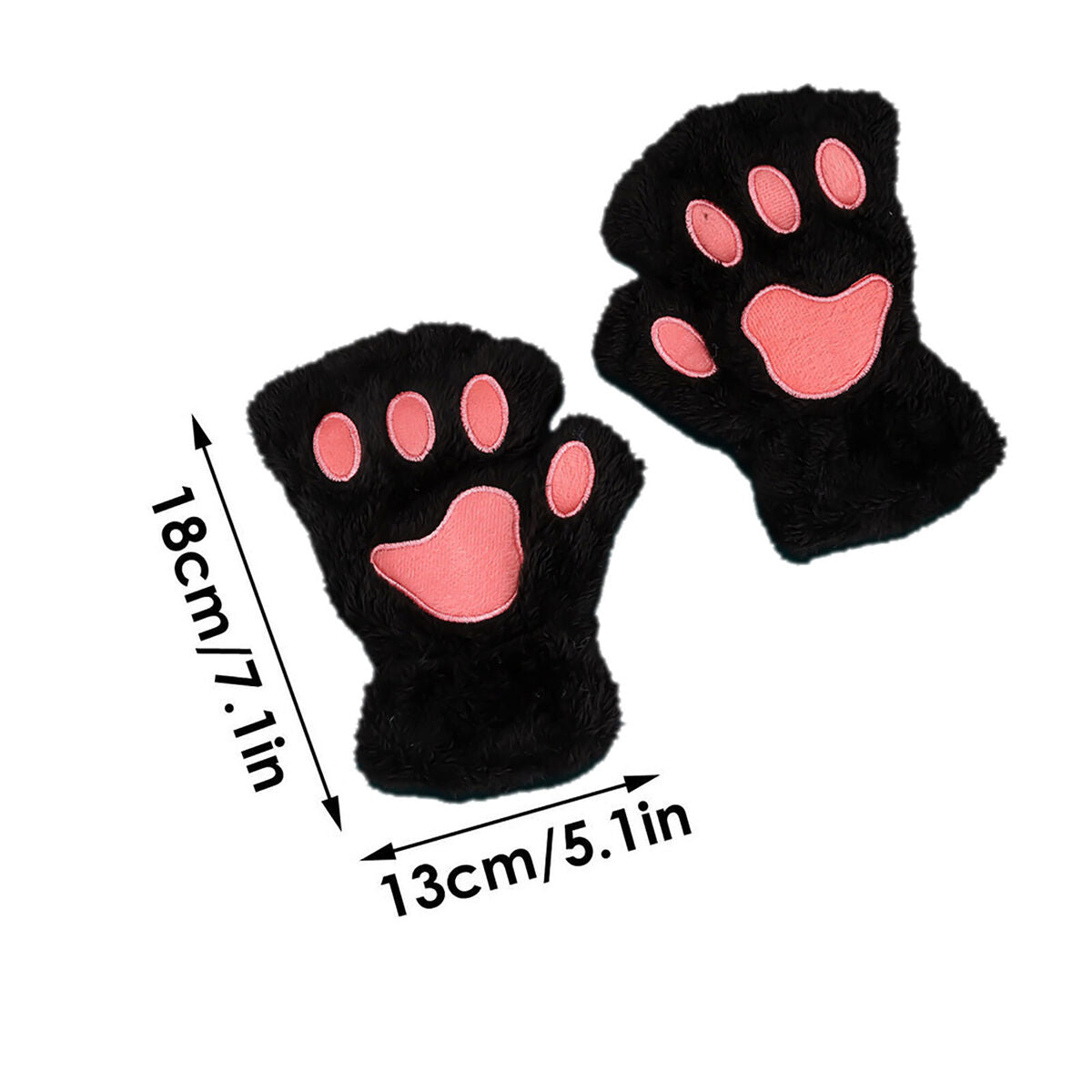 Cat Paw Gloves Durable Plush Cat Paw Fingerless Faux Fur Gloves (Black)