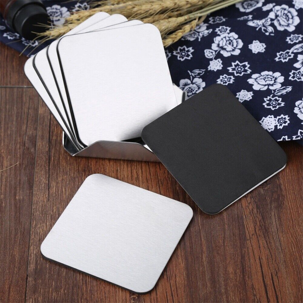 6pcs/Set Stainless Steel Coaster Cup Mats Pads Non-slip Pad With Holder Square
