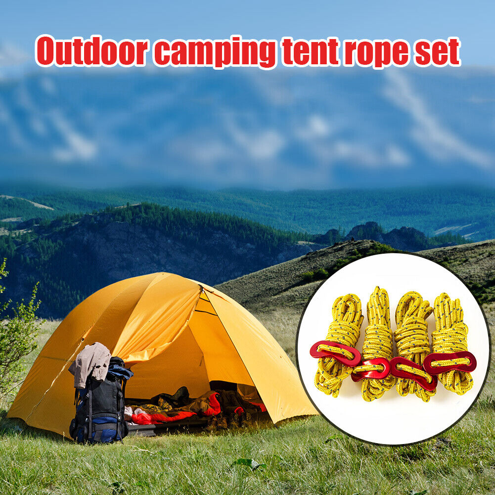 4x 4mm Tent Wind Rope Cord Camping Reflective Lanyard with Buckle (Yellow)