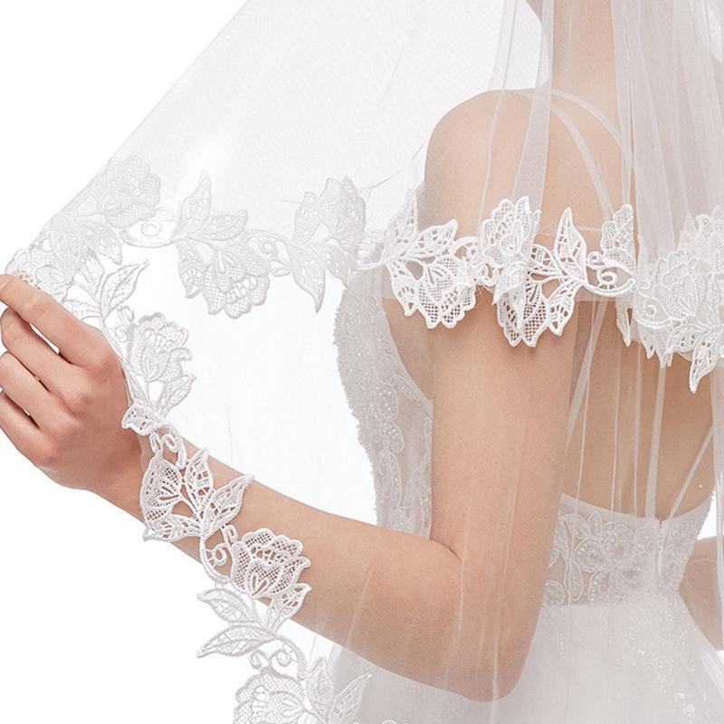 Wedding Veil with Comb 2-Layer Elbow Lace Trims Appliques Tulle Hair Accessories