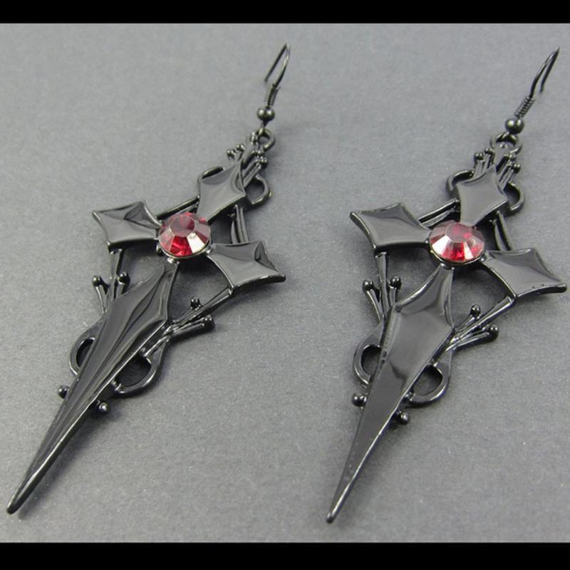 Halloween Steampunk Black Cross Metal Red Rhinestone Ear Pendant Jewelry Gifts
