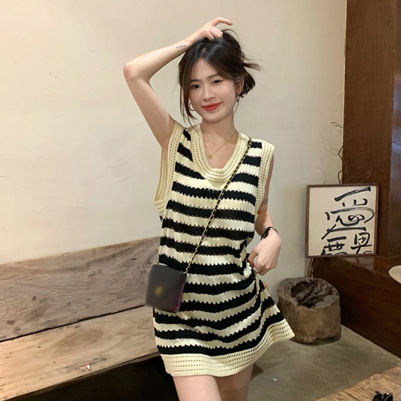Women Hollow Knit Colorblock Striped Casual Loose Sleeveless Beach Sweater Dress