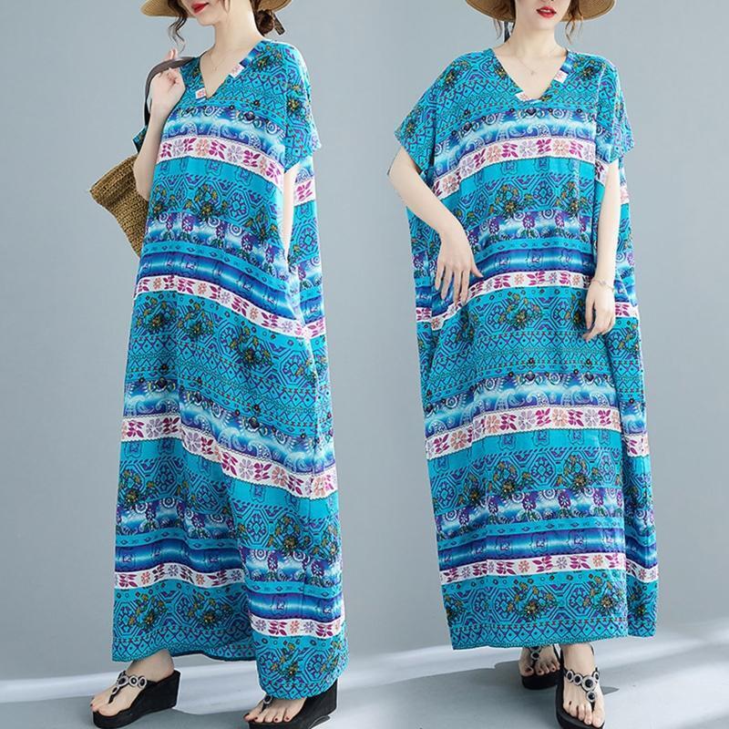 Women Short Sleeve Kaftan Dress Floral V-Neck Loose Maxi Robe Swimsuit Cover Up